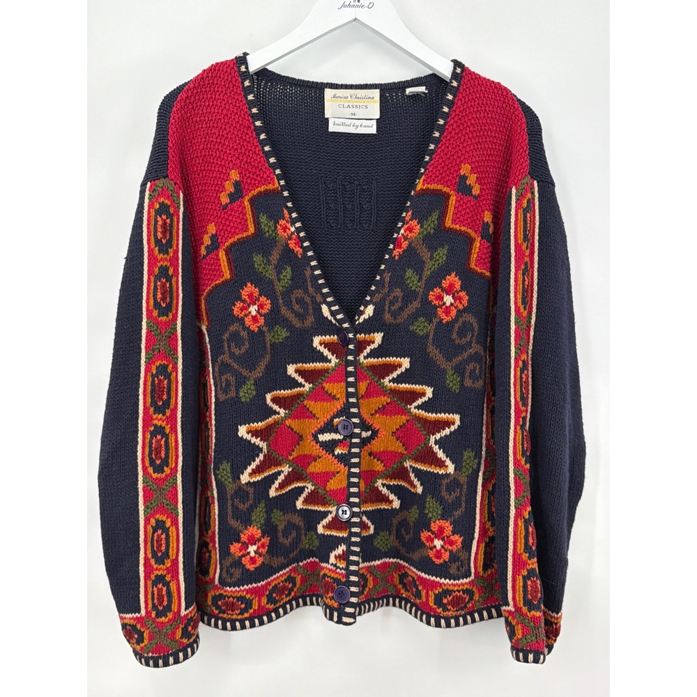 Marisa Christina Classics Hand Knit Cardigan Sweater Navy Southwestern Aztec M